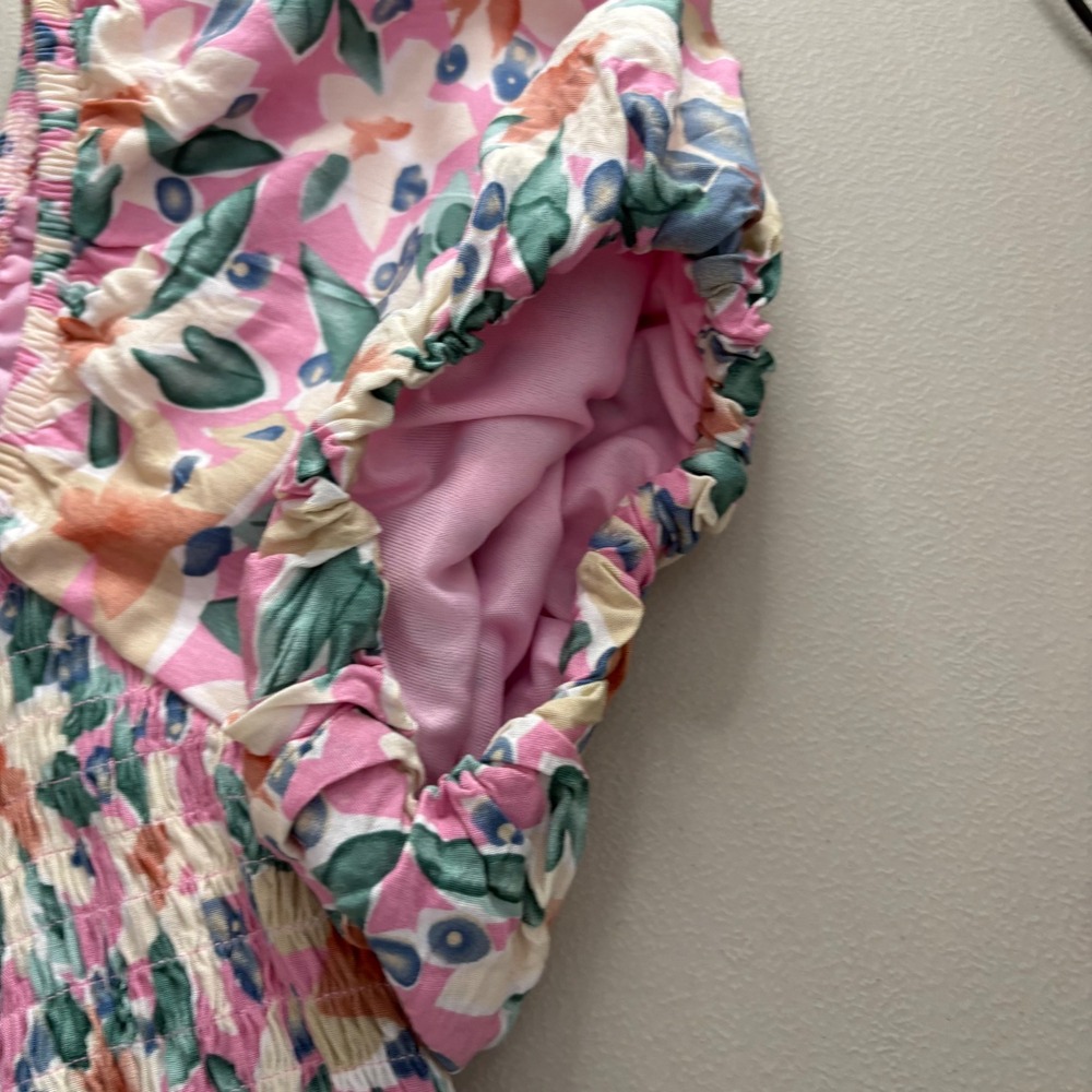 Polagram Floral Smocked Puff Sleeve Women's Top Pink Green Medium Summer - Picture 9 of 10